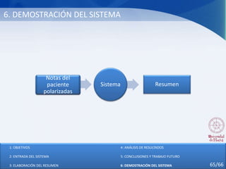 6. DEMOSTRACIÓN DEL SISTEMA
1: OBJETIVOS
2: ENTRADA DEL SISTEMA
3: ELABORACIÓN DEL RESUMEN
4: ANÁLISIS DE RESULTADOS
5: CONCLUSIONES Y TRABAJO FUTURO
6: DEMOSTRACIÓN DEL SISTEMA 65/66
Sistema
Notas del
paciente
polarizadas
Resumen
 