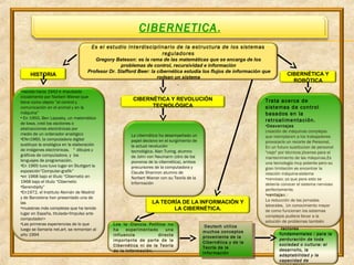 CIBERNETICA.
Es el estudio interdisciplinario de la estructura de los sistemas
reguladores
Gregory Bateson: es la rama de las matemáticas que se encarga de los
problemas de control, recursividad e información
Profesor Dr. Stafford Beer: la cibernética estudia los flujos de información que
rodean un sistema
.
HISTORIA
LA TEORÍA DE LA INFORMACIÓN Y
LA CIBERNÉTICA.
Los la Ciencia Política no
ha experimentado una
influencia directa
importante de parte de la
Cibernética ni de la Teoría
de la Información.
factores
fundamentales : para la
perduración de toda
sociedad o cultura: el
desarrollo, la
adaptabilidad y la
capacidad de
Deutsch utiliza
muchos conceptos
proveniente de la
Cibernética y de la
Teoría de la
Información
Deutsch utiliza
muchos conceptos
proveniente de la
Cibernética y de la
Teoría de la
Información
CIBERNÉTICA Y
ROBÓTICA
CIBERNÉTICA Y REVOLUCIÓN
TECNOLÓGICA
Trata acerca de
sistemas de control
basados en la
retroalimentación.
•Desventajas
creación de máquinas complejas
que reemplacen a los trabajadores
provocaría un recorte de Personal,
En un futuro sustitucion de personal
"viejo" por técnicos jóvenes para el
mantenimiento de las máquinas,Es
una tecnología muy potente pero su
gran limitación es encontrar la
relación máquina-sistema
•nervioso; ya que para esto se
debería conocer el sistema nervioso
perfectamente.
•ventajas :
La reducción de las jornadas
laborales, Un conocimiento mayor
de como funcionan los sistemas
complejos pudiera llevar a la
solución de problemas también
•Nacida hacia 1942 e impulsada
inicialmente por Norbert Wiener:que
tiene como objeto “el control y
comunicación en el animal y en la
máquina”
• En 1950, Ben Laposky, un matemático
de Iowa, creó los oscilones o
abstracciones electrónicas por
medio de un ordenador analógico
•ENn1960, la computadora digital
sustituyo la analógica en la elaboración
de imágenes electrónicas. . ° dibujos y
gráficos de computadora, y los
lenguajes de programación.
•En 1965 tuvo tuvo lugar en Stuttgart la
exposición”Computer-grafik”
•en 1968 bajo el título “Cibernetic en
1968 bajo el título “Cibernetic
•Serendipity”
•En1972, el Instituto Alemán de Madrid
y de Barcelona han presentado una de
las
•muestras más completas que ha tenido
lugar en España, titulada<Impulso arte
computador>
•Las primeras experiencias de lo que
luego se llamaría net.art. se remontan al
año 1994
La cibernética ha desempeñado un
papel decisivo en el surgimiento de
la actual revolución
tecnológica. Alan Turing, alumno
de John von Neumann (otro de los
pioneros de la cibernética), ambos
precursores de la computadora y
Claude Shannon alumno de
Norbert Wiener con su Teoría de la
Información
 
