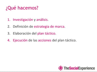 ¿Qué hacemos?

1. Investigación y análisis.
2. Definición de estrategia de marca.
3. Elaboración del plan táctico.
4. Ejecución de las acciones del plan táctico.
 
