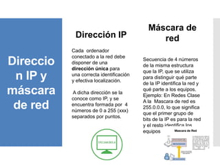 Direccio
n IP y
máscara
de red
Dirección IP
Cada ordenador
conectado a la red debe
disponer de una
dirección única para
una correcta identificación
y efectiva localización.
A dicha dirección se la
conoce como IP, y se
encuentra formada por 4
números de 0 a 255 (xxx)
separados por puntos.
Máscara de
red
Secuencia de 4 números
de la misma estructura
que la IP, que se utiliza
para distinguir qué parte
de la IP identifica la red y
qué parte a los equipos.
Ejemplo: En Redes Clase
A la Mascara de red es
255.0.0.0, lo que significa
que el primer grupo de
bits de la IP es para la red
y el resto identifica los
equipos
 