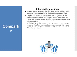 Comparti
r
Información y recursos
 Una vez que la red y el grupo de trabajo están configurados,
podemos compartir recursos e intercambiar información.
 Carpeta Documentos Compartidos: al configurar la red se
crea automáticamente esta carpeta donde colocamos las
carpetas o archivos que queremos compartir con el resto de
usuarios de la red.
 Compartir y Seguridad: esta opción del menú contextual de
carpetas, archivos y unidades de disco permiteCompartir o
Privatizar el recurso.
 