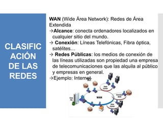CLASIFIC
ACIÓN
DE LAS
REDES
WAN (Wide Área Network): Redes de Área
Extendida
Alcance: conecta ordenadores localizados en
cualquier sitio del mundo.
 Conexión: Líneas Telefónicas, Fibra óptica,
satélites…
 Redes Públicas: los medios de conexión de
las líneas utilizadas son propiedad una empresa
de telecomunicaciones que las alquila al público
y empresas en general.
Ejemplo: Internet
 