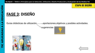 FASE 3: DISEÑO
Guías didácticas de utilización aportaciones,objetivos y posibles actividades.
sugerencias
TICAPLICADASALAEDUCACIÓN BLOQUE 1 - TEMA 4: Principios para la Selección, Utilización, Diseño-Producción y Evaluación de los Medios-TIC
ETAPA DE DISEÑO
 