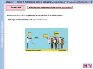 Principio de características de los receptores
▪ Conceptos-ideas claves del principio de características de los receptores:
a) Rasgos identificativos ( edad, nivel educativo, etc).
TICaplicadasalaEducaciónTICaplicadasalaEducación
Selección
Bloque 1 ~ Tema 4: Principios para la selección, uso, diseño y evaluación de medios-TIC
 