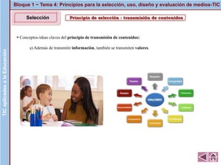 Principio de selección : transmisión de contenidos
▪ Conceptos-ideas claves del principio de transmisión de contenidos:
a) Además de transmitir información, también se transmiten valores.
Bloque 1 ~ Tema 4: Principios para la selección, uso, diseño y evaluación de medios-TICTICaplicadasalaEducaciónTICaplicadasalaEducación
Selección
 