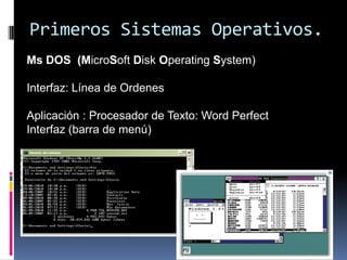 Primeros Sistemas Operativos.
Ms DOS (MicroSoft Disk Operating System)

Interfaz: Línea de Ordenes

Aplicación : Procesador de Texto: Word Perfect
Interfaz (barra de menú)
 