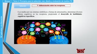 7. Influenciación sobre los receptores.Selección
▪ Los medios por sus sistemas simbólicos y formas de estructurarlos, determinan diversos
efectos cognitivos en los receptores, propiciando el desarrollo de habilidades
cognitivas específicas.
Bloque 1 ~ Tema 4: Principios para la selección, uso, diseño y evaluación de medios-TICTICaplicadasalaEducación
 