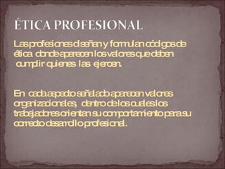 Las profesiones diseñan y formulan códigos de  ética  donde aparecen los valores que deben cumplir quienes  las  ejercen. En  cada aspecto señalado aparecen valores  organizacionales,  dentro de los cuales los trabajadores orientan su comportamiento para su  correcto desarrollo profesional. 