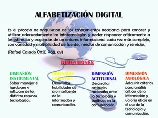 ALFABETIZACIÓN DIGITAL
Es el proceso de adquisición de los conocimientos necesarios para conocer y
utilizar adecuadamente las infotecnologías y poder responder críticamente a
los estímulos y exigencias de un entorno informacional cada vez más complejo,
con variedad y multiplicidad de fuentes, medios de comunicación y servicios.
(Rafael Casado Ortiz; Pág. 69)

                             DIMENSIONES

 DIMENSIÓN              DIMENSIÓN            DIMENSIÓN         DIMENSIÓN
 INSTRUMENTAL           COGNITIVA            ACTITUDINAL       AXIOLÓGICA
 Saber manejar el       Desarrollar          Desarrollar       Adquirir criterios
 hardware y             habilidades de       actitudes         para análisis
 software de los        uso inteligente      racionales ante   críticos de la
 distintos recursos     de la                la tecnología y   información y
 tecnológicos.          información y        positivas en la   valores éticos en
                        comunicación.        comunicación.     el uso de la
                                                               tecnología y
                                                               comunicación.
 