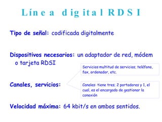 Línea digital RDSI Tipo de señal:   codificada digitalmente  Dispositivos necesarios:  un adaptador de red, módem o tarjeta RDSI Canales, servicios: Velocidad máxima:   64 kbit/s en ambos sentidos. Servicios: multitud de servicios; teléfono, fax, ordenador, etc. Canales: tiene tres; 2 portadores y 1, el cual, es el encargado de gestionar la conexión 