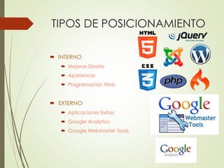 TIPOS DE POSICIONAMIENTO 
 INTERNO 
 Mejoras Diseño 
 Apariencia 
 Programación Web 
 EXTERNO 
 Aplicaciones Extras 
 Google Analytics 
 Google Webmaster Tools 
 