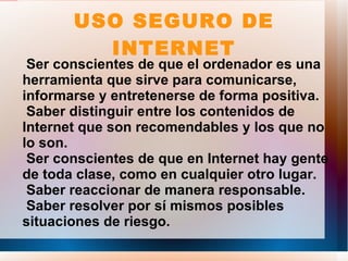 Internet no es ni bueno ni malo. Sus ventajas y peligros dependen del uso que se haga de ella. La censura o prohibición no resuelve el problema. No debemos tener miedos. Hai que involucrarse en la educación de internet para desarrollar en nuestros hijos  la responsabilidad en el uso de internet y evitar riesgos. 