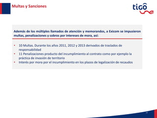 13
Multas y Sanciones
Además de los múltiples llamados de atención y memorandos, a Exicom se impusieron
multas, penalizaciones y cobros por intereses de mora, así:
• 10 Multas. Durante los años 2011, 2012 y 2013 derivados de traslados de
responsabilidad
• 11 Penalizaciones producto del incumplimiento al contrato como por ejemplo la
práctica de invasión de territorio
• Interés por mora por el incumplimiento en los plazos de legalización de recaudos
 