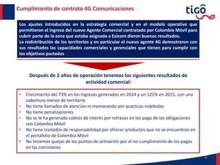 19
Cumplimiento de contrato 4G Comunicaciones
Los ajustes introducidos en la estrategia comercial y en el modelo operativo que
permitieron el ingreso del nuevo Agente Comercial contratado por Colombia Móvil para
cubrir parte de la zona que estaba asignada a Exicom dieron buenos resultados.
La redistribución de los territorios y en particular el nuevo agente 4G demostraron con
sus resultados las capacidades comerciales y gerenciales que tienen para cumplir con
los objetivos pactados
Después de 2 años de operación tenemos los siguientes resultados de
actividad comercial:
• Crecimiento del 73% en los ingresos generados en 2014 y un 121% en 2015, con una
cobertura menor de territorio
• No tiene llamados de atención ni memorando por practicas indebidas
• No tiene penalizaciones
• No se le ha generado cobros de interés por retrasos en los pago de las obligaciones
con Colombia Móvil
• No tiene traslados de responsabilidad por ofrecer productos que no se encuentran en
el portafolio de Colombia Móvil
• No tenemos quejas de los puntos de activación por el no cumplimiento de los pagos
en las comisiones
 