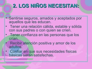 2. LOS NIÑOS NECESITAN:2. LOS NIÑOS NECESITAN:
• Sentirse seguros, amados y aceptados por
aquellos que les educan.
• Tener una relación cálida, estable y sólida
con sus padres o con quien se críen.
• Tener confianza en las personas que los
crían.
• Recibir atención positiva y amor de los
adultos.
• Confiar en que sus necesidades físicas
básicas serán satisfechas.
 