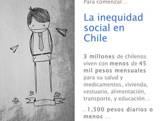 Para comenzar…


La inequidad
social en
Chile
3 millones de chilenos
viven con menos de 45
mil pesos mensuales
para su salud y
medicamentos, vivienda,
vestuario, alimentación,
transporte, y educación…

…1,500 pesos diarios o
menos …
 