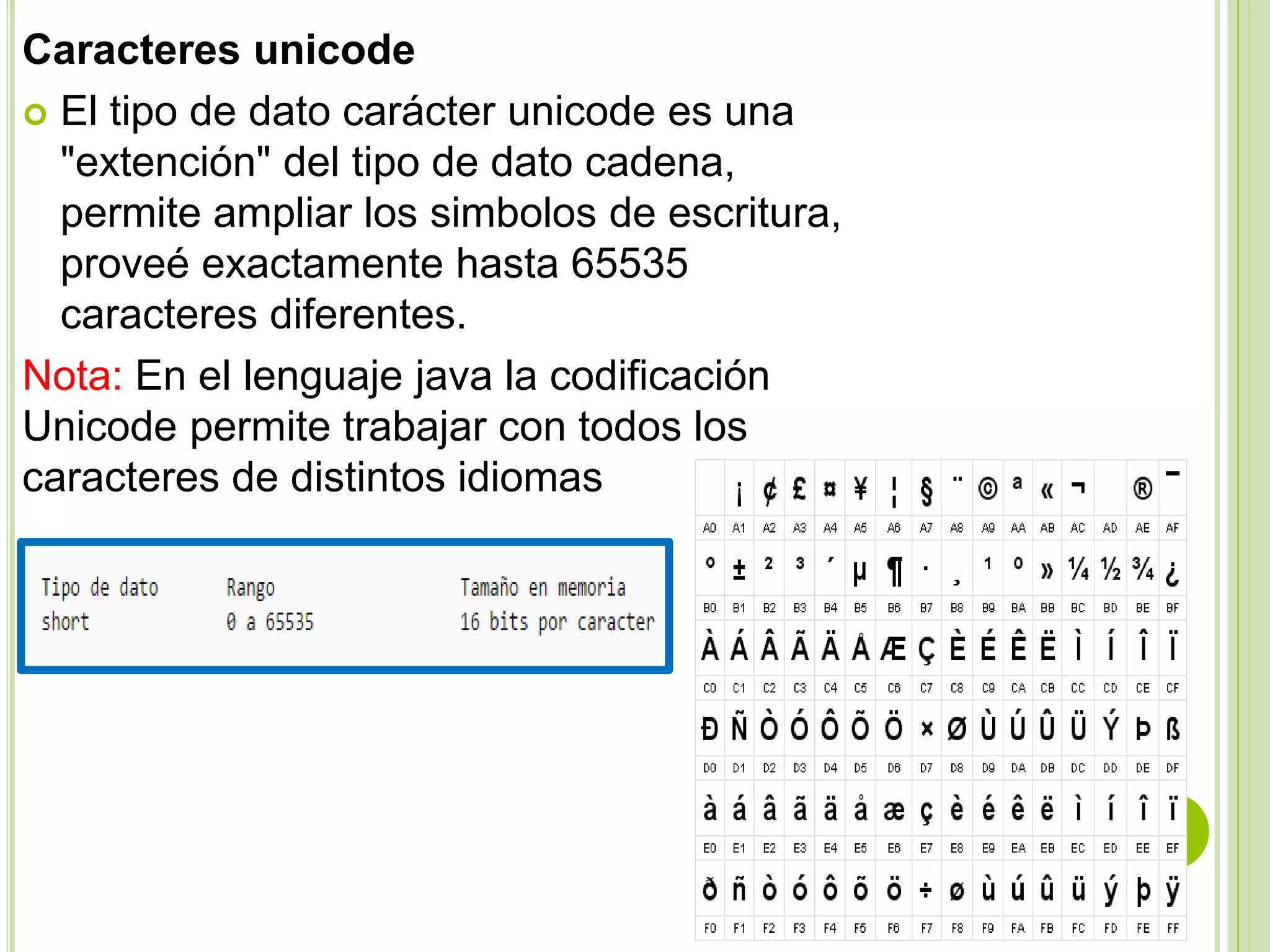 Caracteres unicode
 El tipo de dato carácter unicode es una
"extención" del tipo de dato cadena,
permite ampliar los simbolos de escritura,
proveé exactamente hasta 65535
caracteres diferentes.
Nota: En el lenguaje java la codificación
Unicode permite trabajar con todos los
caracteres de distintos idiomas
 