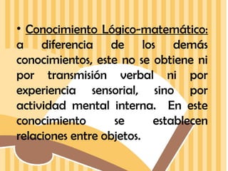 • Conocimiento Lógico-matemático:
a diferencia de los demás
conocimientos, este no se obtiene ni
por transmisión verbal ni por
experiencia sensorial, sino por
actividad mental interna. En este
conocimiento
se
establecen
relaciones entre objetos.

 