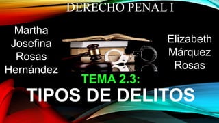 TEMA 2.3:
TIPOS DE DELITOS
DERECHO PENAL I
Martha
Josefina
Rosas
Hernández
Elizabeth
Márquez
Rosas
 