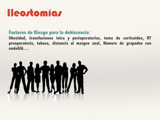 Ileostomías
Factores de Riesgo para la dehiscencia:
Obesidad, transfusiones intra y perioperatorias, toma de corticoides, RT
preoperatoria, tabaco, distancia al margen anal, Número de grapados con
endoGIA….
 