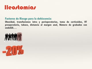 Ileostomías
Factores de Riesgo para la dehiscencia:
Obesidad, transfusiones intra y perioperatorias, toma de corticoides, RT
preoperatoria, tabaco, distancia al margen anal, Número de grabados con
endoGIA….
 