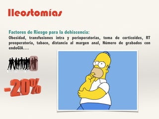 Ileostomías
Factores de Riesgo para la dehiscencia:
Obesidad, transfusiones intra y perioperatorias, toma de corticoides, RT
preoperatoria, tabaco, distancia al margen anal, Número de grabados con
endoGIA….
 