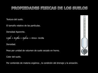 Textura del suelo.

El tamaño relativo de las partículas.

Densidad Aparente.

Limo + Arcilla + Arena ----limo+ Arcilla

Densidad.

Peso por unidad de volumen de suelo secado en horno.

Color del suelo.

Por contenido de materia orgánica , la condición del drenaje y la aireación.
 