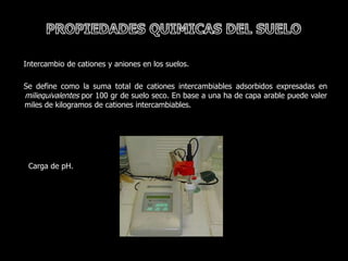 Intercambio de cationes y aniones en los suelos.

Se define como la suma total de cationes intercambiables adsorbidos expresadas en
miliequivalentes por 100 gr de suelo seco. En base a una ha de capa arable puede valer
miles de kilogramos de cationes intercambiables.




 Carga de pH.
 