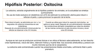 Hipófisis Posterior: Oxitocina
Aunque es raro que se produzcan acciones tóxicas si se utiliza el fármaco adecuadamente, se han descrito
crisis hipertensivas, rotura del útero, retención hídrica y muerte fetal. Sus acciones antidiurética y presora son
mucho menores que las de la vasopresina.
La oxitocina está contraindicada cuando hay presentaciones fetales anormales, sufrimiento fetal o parto
prematuro.
La oxitocina, extraída originalmente de la hipófisis posterior de animales, en la actualidad se sintetiza
químicamente.
Se usa de modo exclusivo en obstetricia con el fin de estimular la contracción uterina para inducir o
reforzar el parto, o para promover la eyección de la leche.
Para inducir el parto, se administra por vía i.v. La
respuesta a la oxitocina intravenosa es casi
instantánea.
Después de una administración intramuscular los
efectos se observan a los 3-5 minutos
Cuando se utiliza para inducir la «eyección de la leche», se
aplica en spray nasal. Después de una administración intranasal,
las contracciones del tejido mioepitelial que rodea los alvéolos
de las mamas comienzan al cabo de pocos minutos y duran
unos 20 minutos.
 
