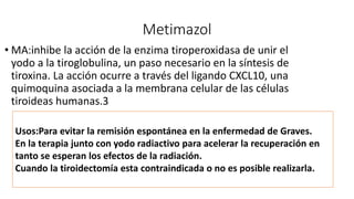 Metimazol
• MA:inhibe la acción de la enzima tiroperoxidasa de unir el
yodo a la tiroglobulina, un paso necesario en la síntesis de
tiroxina. La acción ocurre a través del ligando CXCL10, una
quimoquina asociada a la membrana celular de las células
tiroideas humanas.3
Usos:Para evitar la remisión espontánea en la enfermedad de Graves.
En la terapia junto con yodo radiactivo para acelerar la recuperación en
tanto se esperan los efectos de la radiación.
Cuando la tiroidectomía esta contraindicada o no es posible realizarla.
 