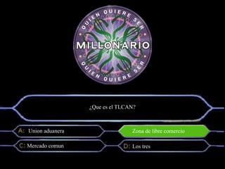 ¿Que es el TLCAN?
Union aduanera
Mercado comun Los tres
Zona de libre comercio
 
