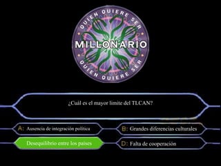 ¿Cuál es el mayor limite del TLCAN?
Falta de cooperación
Grandes diferencias culturalesAusencia de integración política
Desequilibrio entre los países
 