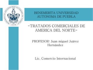 PROFESOR: Juan miguel Juárez
Hernández
Lic. Comercio Internacional
BENEMERITA UNIVERSIDAD
AUTONOMA DE PUEBLA
-TRATADOS COMERCIALES DE
AMERICA DEL NORTE-
 