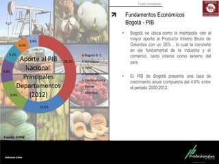 Fondo Inmobiliario
Fundamentos Económicos
Bogotá - PIB
• Bogotá se ubica como la metrópolis con el
mayor aporte al Producto Interno Bruto de
Colombia con un 26% , lo cual la convierte
en eje fundamental de la industria y el
comercio, tanto interno como externo del
país.
• El PIB de Bogotá presenta una tasa de
crecimiento anual compuesta del 4.6% entre
el periodo 2000-2012.
Fuente:	
  DANE
 