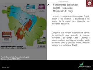 Fondo Inmobiliario
Fundamentos Económicos
Bogotá - Regulación
Movimientode Carga
Las restricciones para movilizar carga en Bogotá,
obligan a las industrias a desplazarse a las
afueras de la capital para desarrollar sus
actividades productivas.
Compañías que busquen establecer sus centros
de distribución para desarrollo de diversas
actividades ( por ejemplo Cross – Docking) y
quieran mantener sus flujos de entrada y salida
de materia prima y productos finales, buscarán
ubicarse en la periferia de Bogotá.
Fuente:	
  Secretaria	
  de	
  Planeación	
  de	
  Bogotá.	
  
Decreto	
  de	
  Carga	
  520	
  de	
  2013.
 