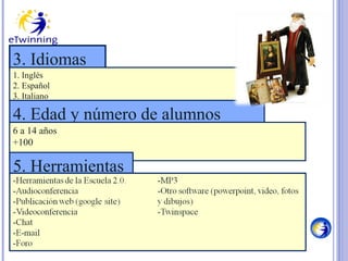 3. Idiomas
1. Inglés
2. Español
3. Italiano

4. Edad y número de alumnos
6 a 14 años
+100

5. Herramientas

 