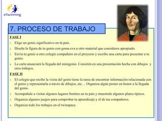 7. PROCESO DE TRABAJO
FASE I
1.

Elige un genio significativo en tú país.

2.

Diseña la figura de tu genio con goma eva u otro material que consideres apropiado.

3.

Envía tu genio a otro colegio compañero en el proyecto y escribe una carta para presentar a tu
genio.

4.

La carta anunciará la llegada del minigenio. Consitirá en una presentación hecha con dibujos y
oros trabajos.

FASE II
1.

El colegio que recibe la visita del genio tiene la tarea de encontrar información relacionada con
el genio y representarla a través de dibujos, etc… Organiza algún poster en honor a la llegada
del genio.

2.

Acompañale a visitar algunos lugares bonitos en tu país y muestrale algunos platos típicos.

3.

Organiza algunos juegos para comprobar tu aprendizaje y el de tus compañeros.

4.

Organiza todo los trabajos en el twinspace.

 