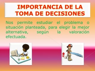 No Programadas: Los datos son inadecuados, hay incertidumbre y las condiciones son dinámicas, se utilizan técnicas planeamiento y control.ETAPAS DEL PROCESO DE LA TOMA DE DECISIONESDiagnostico del Problema: Es la Determinación del área del problema, detectar la desviación entre lo planeado y lo realizado. 2. Investigación u obtención de información: Documentarse para disminuir el riesgo, al tomar La  decisión.3. Desarrollo de Alternativas: Se puede definir como la etapa de formulación de hipótesis, ya podemos tomar varias soluciones.