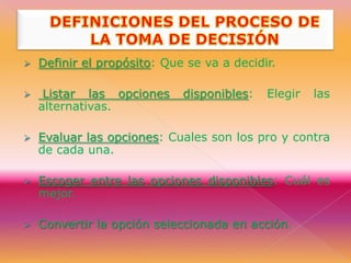 DEFINICIONES DEL PROCESO DE LA TOMA DE DECISIÓNDefinir el propósito: Que se va a decidir.