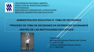 UNIVERSIDAD NACIONAL ABIERTA
DIRECCIÓN DE INVESTIGACIONES Y
POSTGRADOS
MAESTRÍA EN CIENCIAS DE LA EDUCACIÓN
MENCIÓN ADMINISTRACIÓN EDUCATIVA
ADMINISTRACION EDUCATIVA IV: TOMA DE DECISIONES
"PROCESO DE TOMA DE DECISIONES EN DIFERENTES ESCENARIOS
DENTRO DE LAS INSTITUCIONES EDUCATIVAS”
Integrantes:
Martínez de Mendoza Maritza del Carmen
CI.V16.777.060
Centeno Castañeda Maryory Gricet
CI. V 16947506
 
