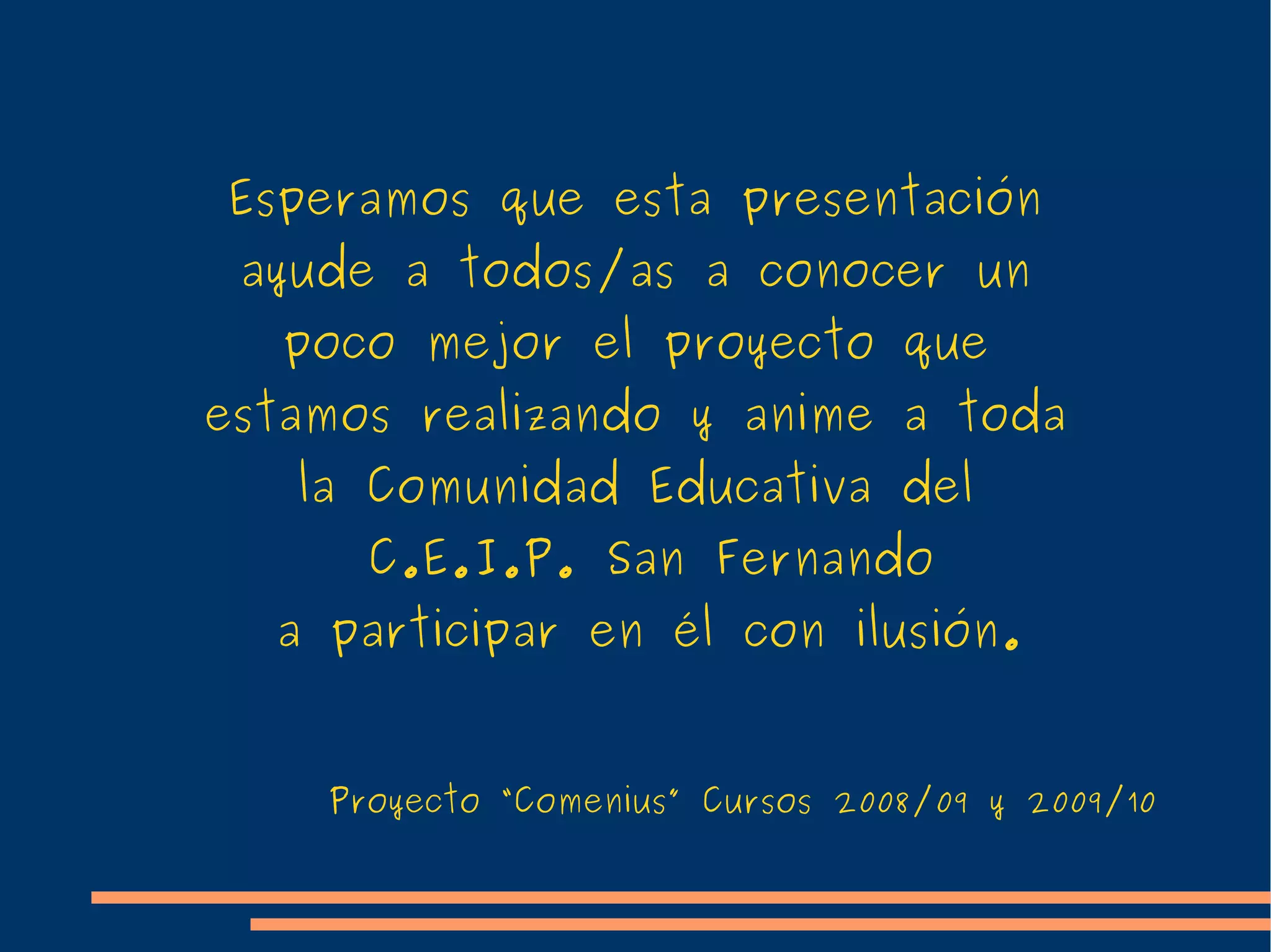 Los tópicos previstos para los meses siguientes son: Noviembre:  “Mi Familia” Describir la familia mediante la elaboración de un sencillo arbol genealógico y alguna anecdota interesante  de sus antepasados. Diciembre:  ”La Navidad” Describir nuestras tradiciones navideñas, compartir sencillas actuaciones grabadas en vídeo, y enviarse tarjetas navideñas tradicionales o virtuales. (Los trabajos de Navidad deberán estar acabados antes del”Puente de la Constitución”) Enero:  “Mi región” Presentar lugares turísticos de nuestra región, museos y páginas web turisticas.  