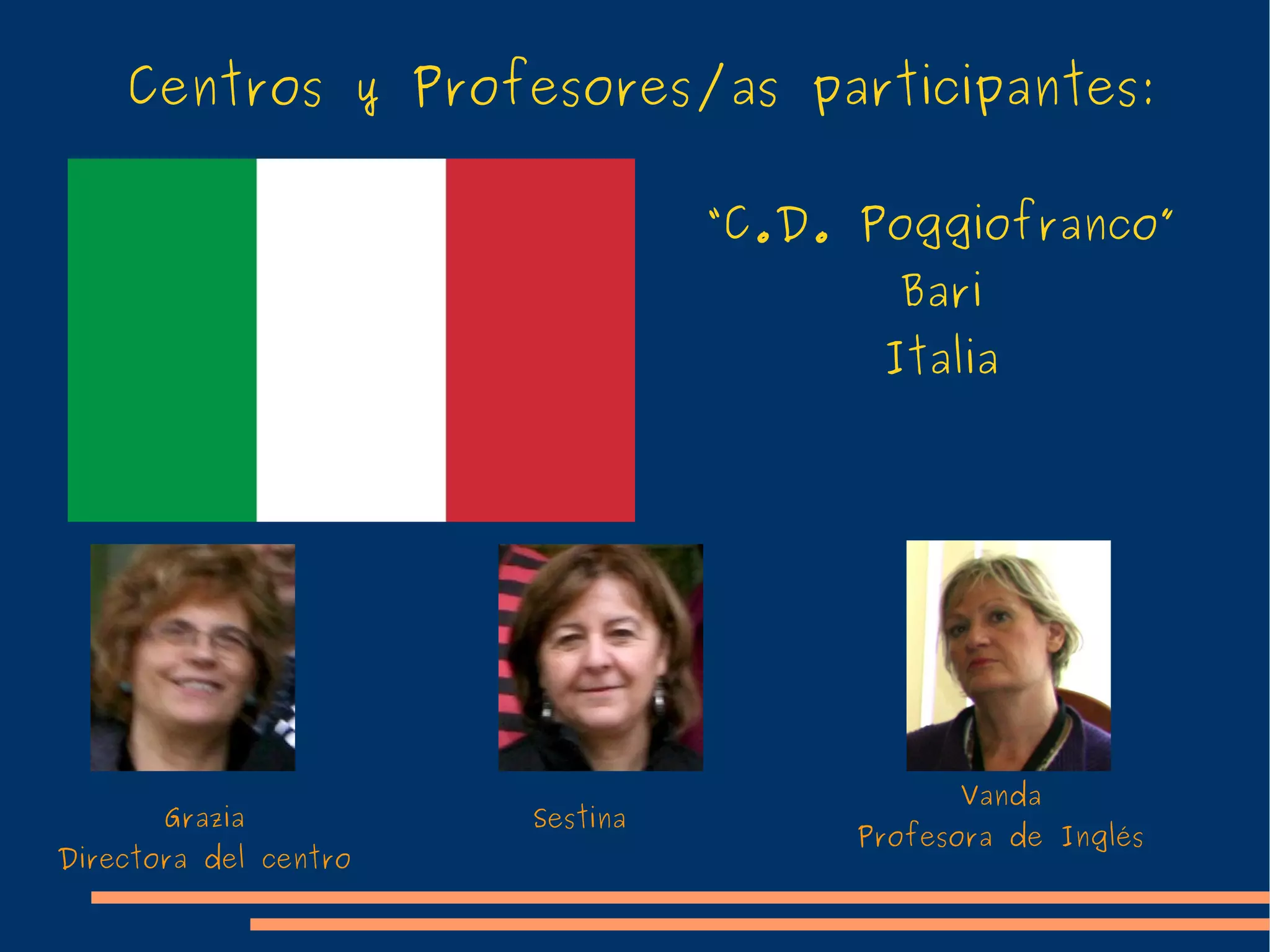 Centros y Profesores/as participantes: C.E.I.P.  San Fernando Dos Hermanas Sevilla  España Carolina Profesora de Inglés Mª Jesús Profesora de N.E.E.  Coordinadora del proyecto Miguel Ángel Profesor de Ed. Física 