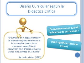 Diseño Curricular según la
                 Didáctica Crítica




“El currículo en el papel orientador
 de la práctica ayuda a disminuir la
     incertidumbre acerca de los
       elementos y agentes que
intervienen en el proceso real, pero
 nunca es la realidad en sí misma”

            Sacristán y Pérez (1983)
 