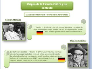 Origen de la Escuela Crítica y su
                                      contexto

                         Escuela de Frankfurt – Principales referentes

Herbert Marcuse


                                      (Berlín, 19 de julio de 1898 – Starnberg, Alemania, 29 de julio de
                                   1979), filósofo y sociólogo alemán, fue una de las principales figuras
                                                    de la primera generación de la Escuela de Frankfurt.




                                                                                       Max Horkheimer



    (14 de febrero de 1895 – 7 de julio de 1973) fue un filósofo y sociólogo
    alemán, famoso por su trabajo en teoría crítica como miembro de la
    Escuela de Frankfurt de investigación social. Sus obras más importantes
    incluyen: El eclipse de la razón (1947) y, en colaboración con
    Theodor Adorno, Dialéctica de la Ilustración (1947).
 