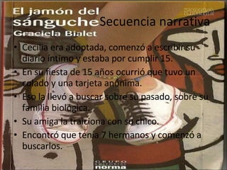 Secuencia narrativa  Cecilia era adoptada, comenzó a escribir su diario íntimo y estaba por cumplir 15. En su fiesta de 15 años ocurrió que tuvo un colado y una tarjeta anónima. Eso la llevó a buscar sobre su pasado, sobre su familia biológica. Su amiga la traiciona con su chico. Encontró que tenía 7 hermanos y comenzó a buscarlos.  