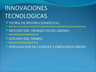 INNOVACIONES
TECNOLOGICAS
TEORIA DE RESTRICCIONES(TOC)
 MEJORA CONTINUA: INDETIFICAR,EXPLOTAR,SUBORDINAR,ELEVAR,BUSCAR
METODO DEL TRABAJO (FLUJO GRAMA)
 MEJORAR RENDIMIENTOS
ESTUDIO DEL TIEMPO
 MEJORAR RENDIMIENTOS
FIDELIZACION DE CLIENTES Y EMPLEADOS (RRHH)
 