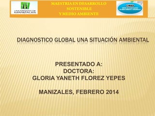 DIAGNOSTICO GLOBAL UNA SITUACIÓN AMBIENTAL

PRESENTADO A:
DOCTORA:
GLORIA YANETH FLOREZ YEPES

MANIZALES, FEBRERO 2014

 