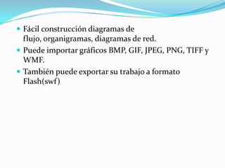  Fácil construcción diagramas de
flujo, organigramas, diagramas de red.
 Puede importar gráficos BMP, GIF, JPEG, PNG, TIFF y
WMF.
 También puede exportar su trabajo a formato
Flash(swf)
 