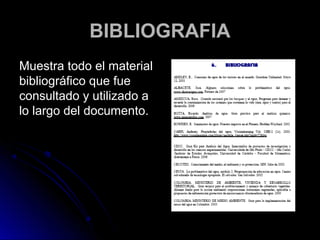 BIBLIOGRAFIA
Muestra todo el material
bibliográfico que fue
consultado y utilizado a
lo largo del documento.
 