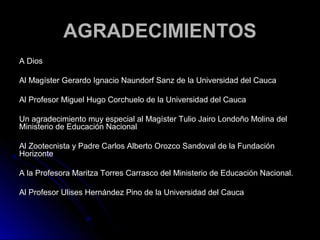 AGRADECIMIENTOS
A Dios

Al Magíster Gerardo Ignacio Naundorf Sanz de la Universidad del Cauca

Al Profesor Miguel Hugo Corchuelo de la Universidad del Cauca

Un agradecimiento muy especial al Magíster Tulio Jairo Londoño Molina del
Ministerio de Educación Nacional

Al Zootecnista y Padre Carlos Alberto Orozco Sandoval de la Fundación
Horizonte

A la Profesora Maritza Torres Carrasco del Ministerio de Educación Nacional.

Al Profesor Ulises Hernández Pino de la Universidad del Cauca
 